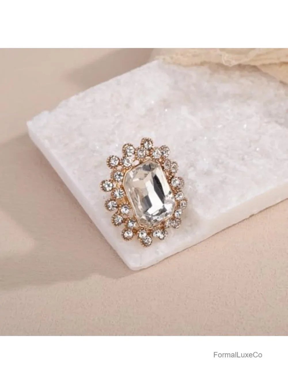 Boho Oval Crystal Ring Women Statement Antique Open Band Rhinestone Flower